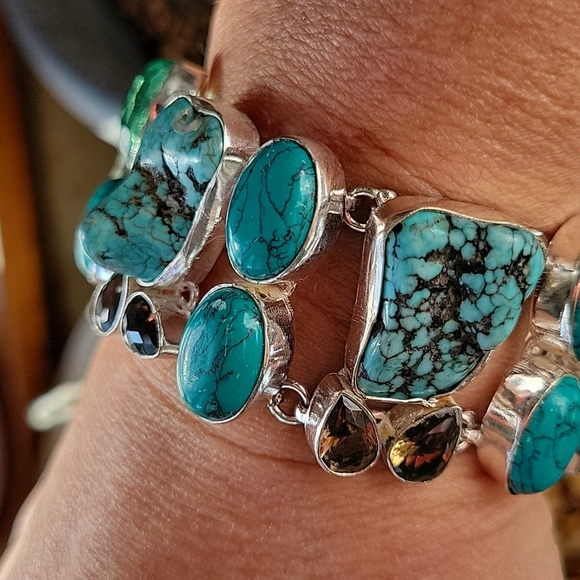 Turquoise Howlite Chocolate Quartz Natural Gemstone S925 Bracelet - Picture 7 of 10